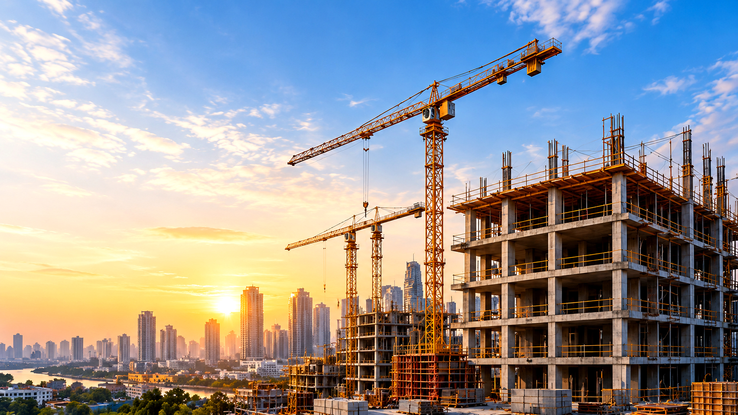 Construction and infrastructure development site with tower cranes